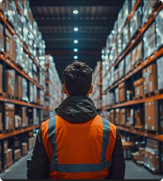 Worker in an orange safety vest standing with their back to the camera in a warehouse aisle filled with stacked boxes.