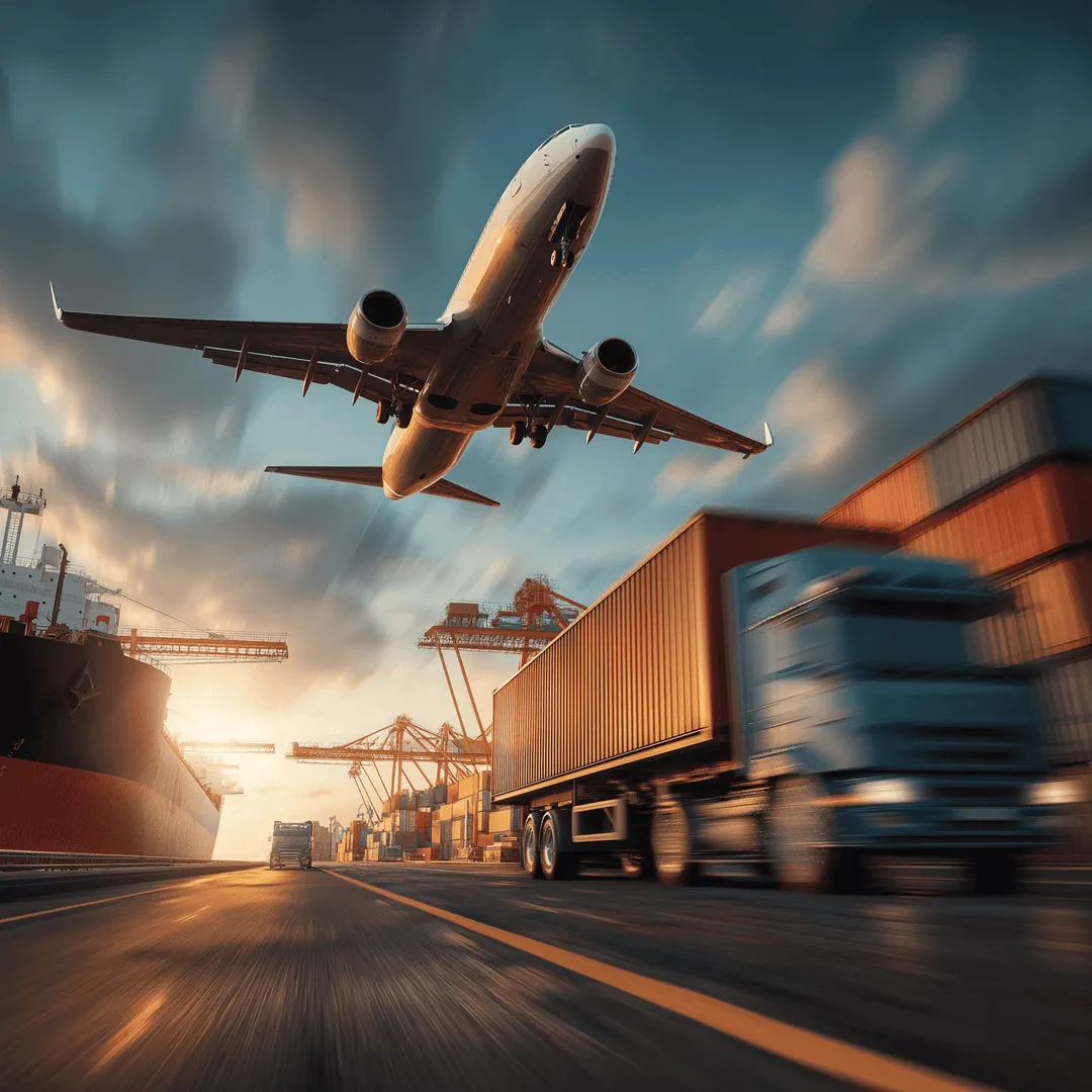 Avião de passageiros pousando próximo a caminhões e contêineres em um porto durante o pôr do sol.